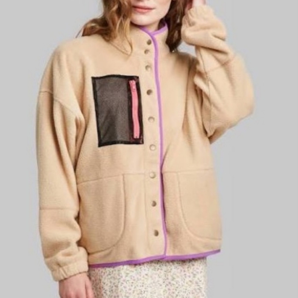 Wild Fable Faux Fur Sherpa Snap Front Jacket Nude Tan L, XL